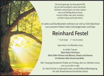 Traueranzeige von Reinhard Festel von Frankenpost