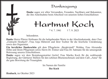 Traueranzeige von Hartmut Koch von Südthüringer Presse