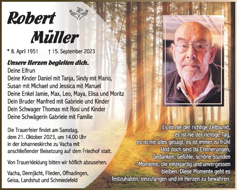  Traueranzeige für Robert Müller vom 14.10.2023 aus Südthüringer Presse