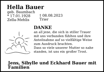 Traueranzeige von Hella Bauer von Südthüringer Presse