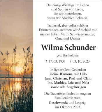 Traueranzeige von Wilma Schunder von Südthüringer Presse