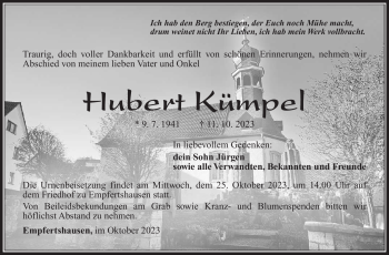 Traueranzeige von Hubert Kümpel von Südthüringer Presse