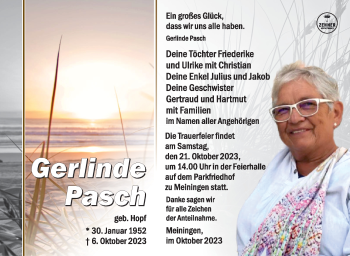 Traueranzeige von Gerlinde Pasch von Südthüringer Presse