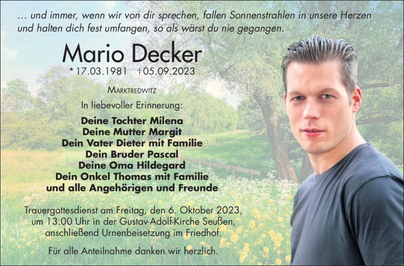  Traueranzeige für Mario Decker vom 02.10.2023 aus Frankenpost