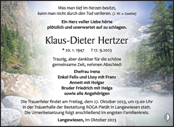 Traueranzeige von Klaus-Dieter Hertzer von Südthüringer Presse