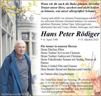 Traueranzeige von Hans Peter Rödiger von Südthüringer Presse