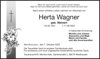Traueranzeige von Herta Wagner von Neue Presse Coburg