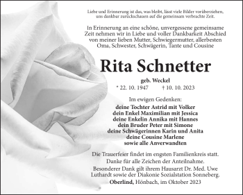 Traueranzeige von Rita Schnetter von Südthüringer Presse