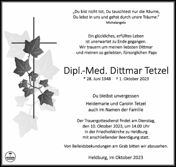 Traueranzeige von Dittmar Tetzel von Südthüringer Presse