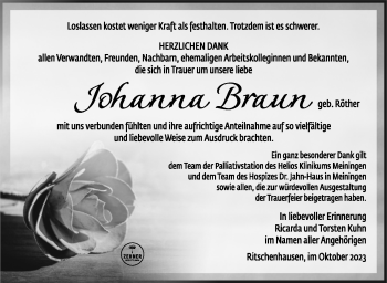 Traueranzeige von Johanna Braun von Südthüringer Presse
