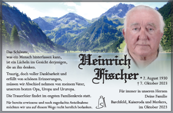 Traueranzeige von Heinrich Fischer von Südthüringer Presse