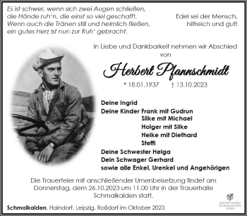 Traueranzeige von Herbert Pfannschmidt von Südthüringer Presse