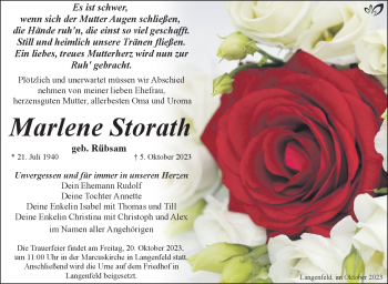 Traueranzeige von Marlene Storath von Südthüringer Presse