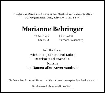 Traueranzeige von Marianne Behringer von Frankenpost