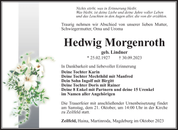 Traueranzeige von Hedwig Morgenroth von Südthüringer Presse