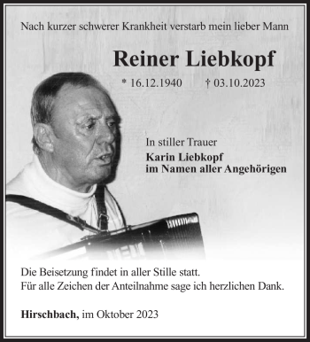 Traueranzeige von Reiner Liebkopf von Südthüringer Presse