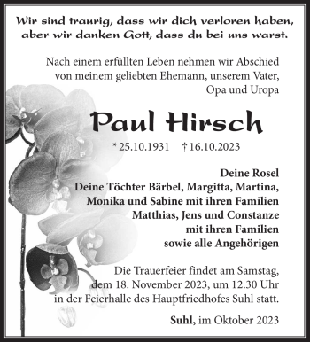 Traueranzeige von Paul Hirsch von Südthüringer Presse