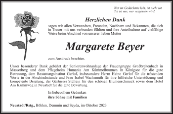 Traueranzeige von Margarete Beyer von Südthüringer Presse
