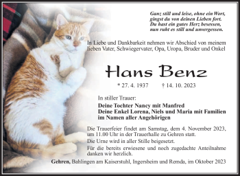 Traueranzeige von Hans Benz von Südthüringer Presse