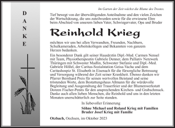 Traueranzeige von Reinhold Krieg von Südthüringer Presse