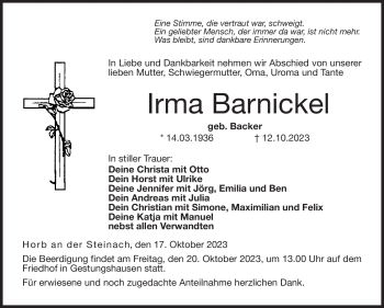Traueranzeige von Irma Barnickel von Neue Presse Coburg
