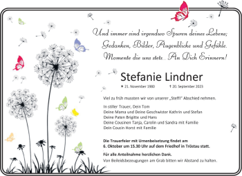 Traueranzeige von Stefanie Lindner von Frankenpost