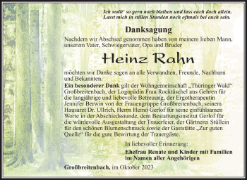 Traueranzeige von Heinz Rahn von Südthüringer Presse