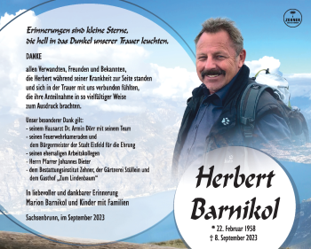 Traueranzeige von Herbert Barnikol von Südthüringer Presse