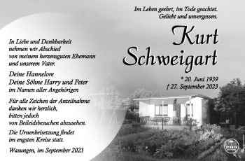 Traueranzeige von Kurt Schweigart von Südthüringer Presse
