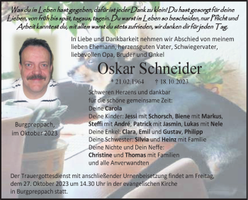 Traueranzeige von Oskar Schneider von Neue Presse Coburg