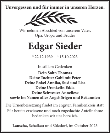 Traueranzeige von Edgar Sieder von Südthüringer Presse