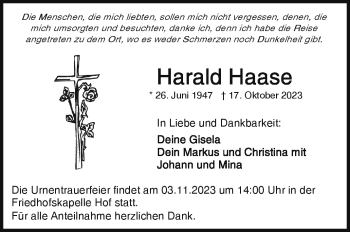 Traueranzeige von Harald Haase von Frankenpost