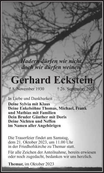 Traueranzeige von Gerhard Eckstein von Südthüringer Presse