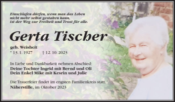 Traueranzeige von Gerta Tischer von Südthüringer Presse