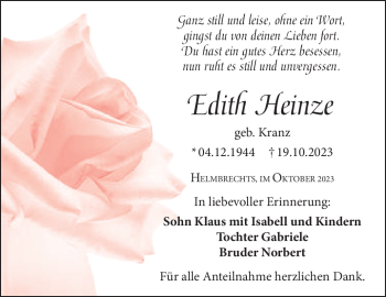Traueranzeige von Edith Heinze von Frankenpost