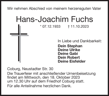 Traueranzeige von Hans-Joachim Fuchs von Neue Presse Coburg