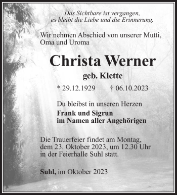 Traueranzeige von Christa Werner von Südthüringer Presse