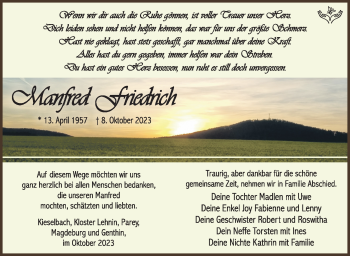 Traueranzeige von Manfred Friedrich von Südthüringer Presse