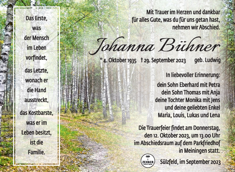  Traueranzeige für Johanna Bühner vom 07.10.2023 aus Südthüringer Presse