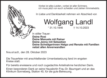 Traueranzeige von Wolfgang Landl von Neue Presse Coburg