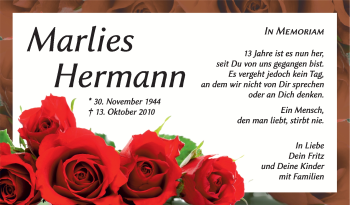 Traueranzeige von Marlies Herrmann von Südthüringer Presse