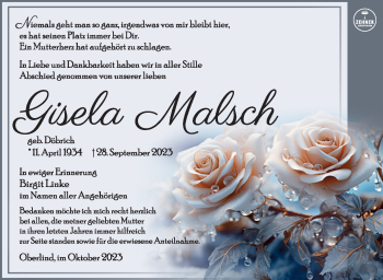 Traueranzeige von Gisela Malsch von Südthüringer Presse