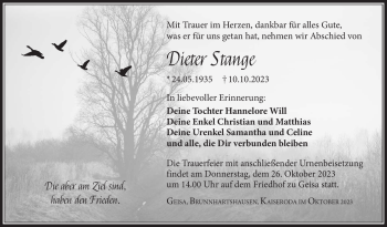 Traueranzeige von Dieter Stange von Südthüringer Presse