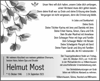 Traueranzeige von Helmut Most von Südthüringer Presse