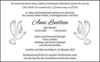 Traueranzeige von Anni Lindlein von Neue Presse Coburg