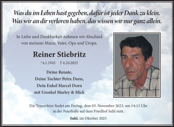 Traueranzeige von Reiner Stiebritz von Südthüringer Presse