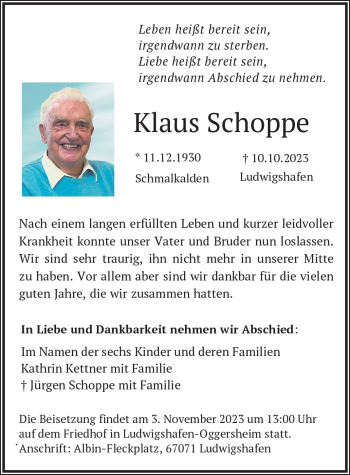 Traueranzeige von Klaus Schoppe von Südthüringer Presse