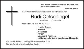 Traueranzeige von Rudi Oelschlegel von Frankenpost