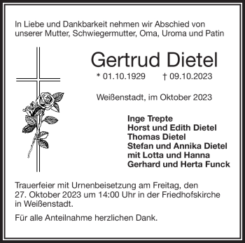 Traueranzeige von Gertrud Dietel von Frankenpost