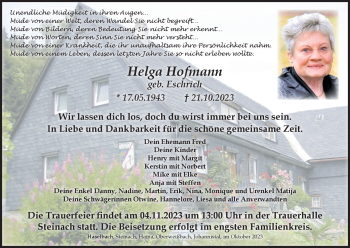 Traueranzeige von Helga Hofmann von Südthüringer Presse